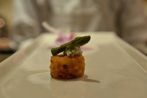 Asparagus Risotto Croquette topped with Roquefort and Asparagus tips.