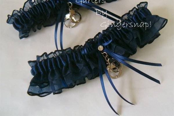 Playful Handcuffs navy blue garter set with moveable handcuffs. Sheer organza & satin.