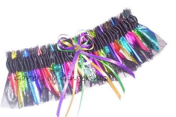 The Big Easy bridal garter ~ Made from soft black sheer netting decorated with boldly colored shimmering diamond shapes in all of the official Mardi Gras colors.