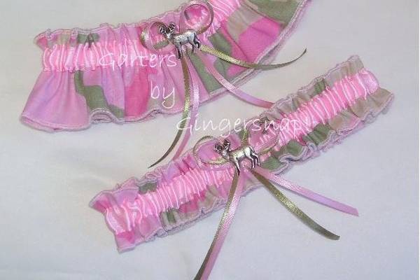 Pretty In Pink Camo garter set ~ Created from lightweight cotton material with a camo print in feminine shades of pinks and mossy greens with a pink satin band.