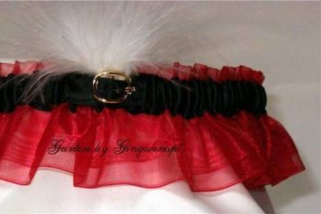 Santa Baby Bridal Garter ~ Created from sheer red organza and ablack satin band, accented with a miniture belt buckle and marabou feathers.