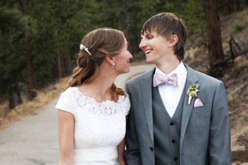 Elisabeth of Colorado wearing her Blue-Eyed Boutique reworked 1960s wedding dress, Maggie Evans Designs also contributed to this design!