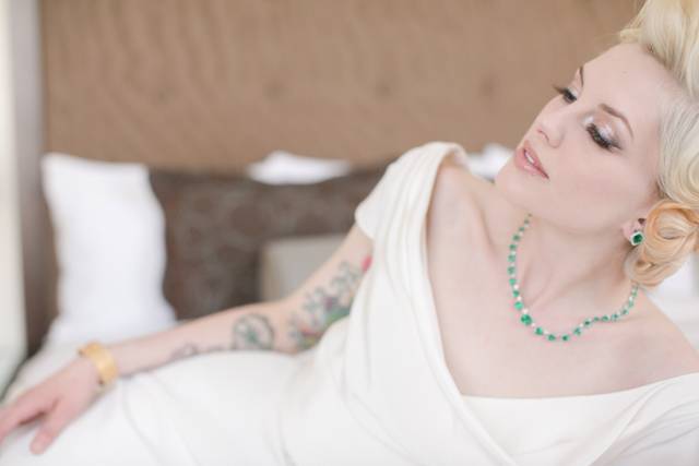 Charlotte - silk crepe cowl neck wedding gown by Trish Lee Bridal San Francisco. Reminiscent of the 1920s and 1930s, simple vintage inspired sheath wedding gown with Swarovski crystal belt. Photo: Brittany Rene