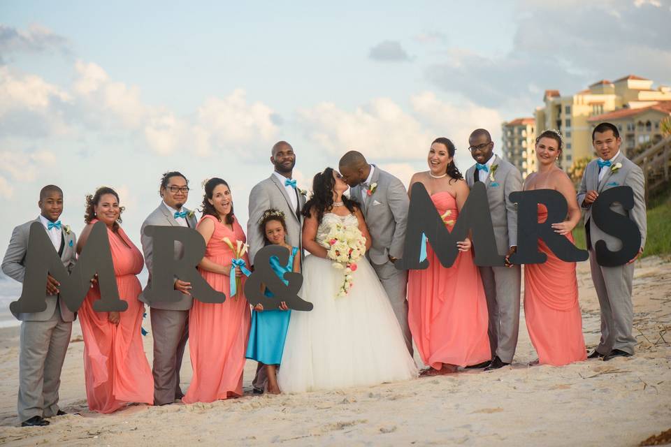 A jubilant wedding party