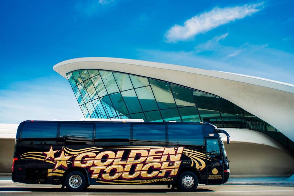 Designed exclusively for Golden Touch, our luxurious coach buses seat 36, 38, 40, 49, or 55 passengers, and are equipped with dual air conditioners, air ride, luxury interiors, VCR, TV, a public address system, comfortable reclining seats and leather headrests. For your safety, all seats are equipped with seatbelts.