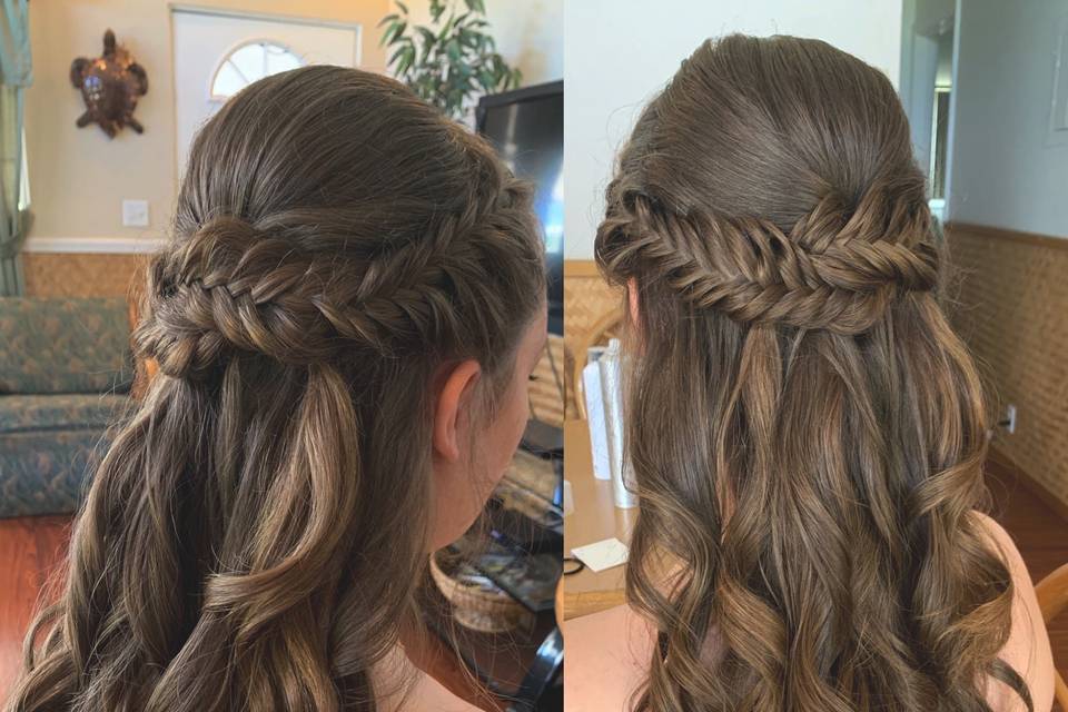 Fishtail crown braids & curls