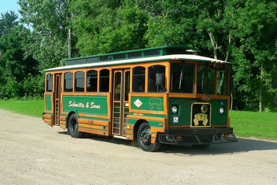 A 27 passenger trolley, an all time favorite for weddings