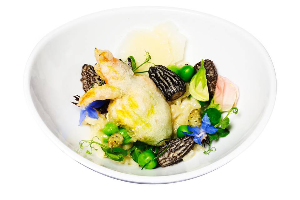 Tempura squash blossom + morels + english peas & favas