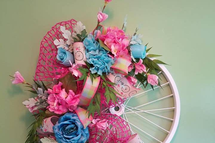 Pink and blue florals on wheel