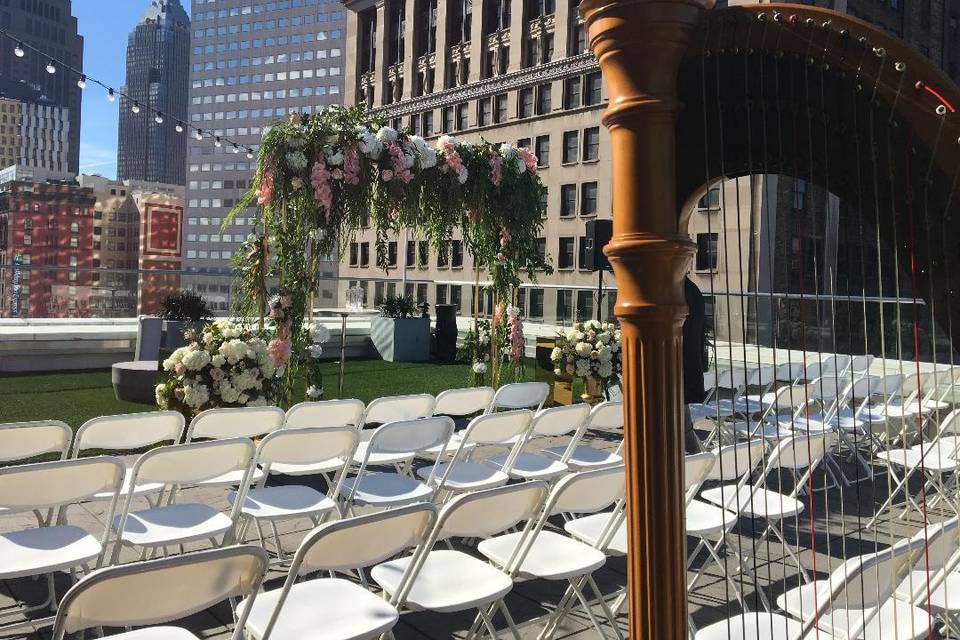 Outdoor rooftop wedding ceremony setting