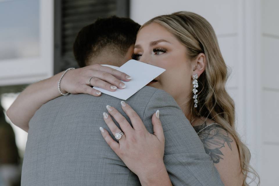 Bride and groom hugging