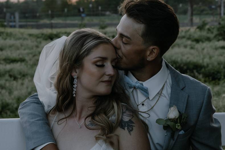 Bride and groom hugging