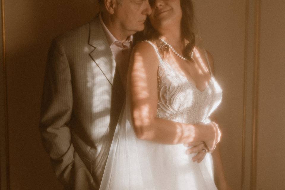 Bride and groom hugging
