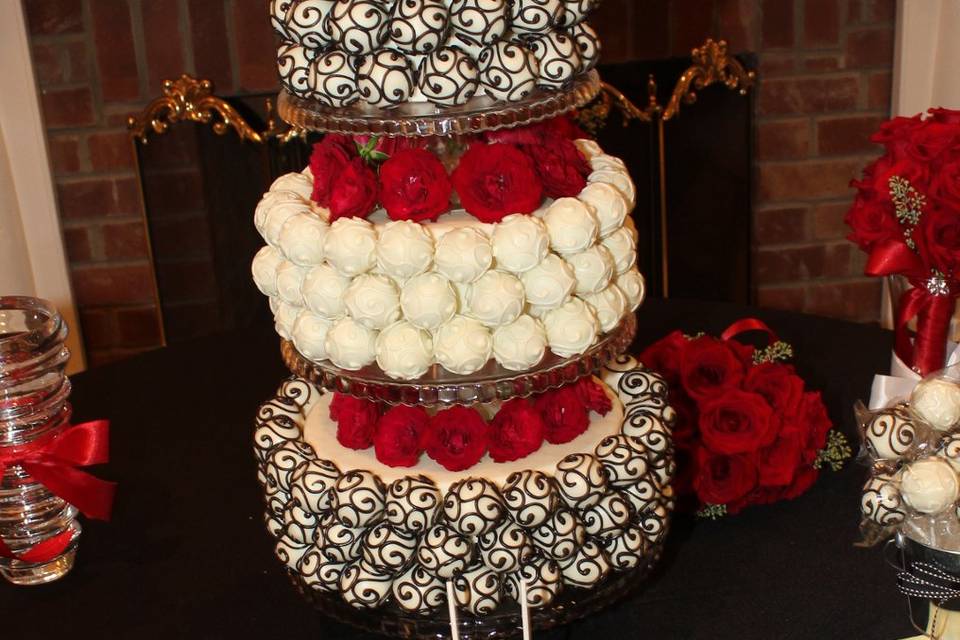 Three Tier Cake Pop cake holding 200 individual Cake pops in Red Velvet, Vanilla Dream and Death by Chocolate.