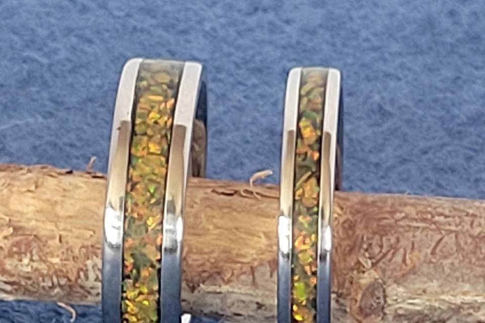 Amber opal wedding ring set