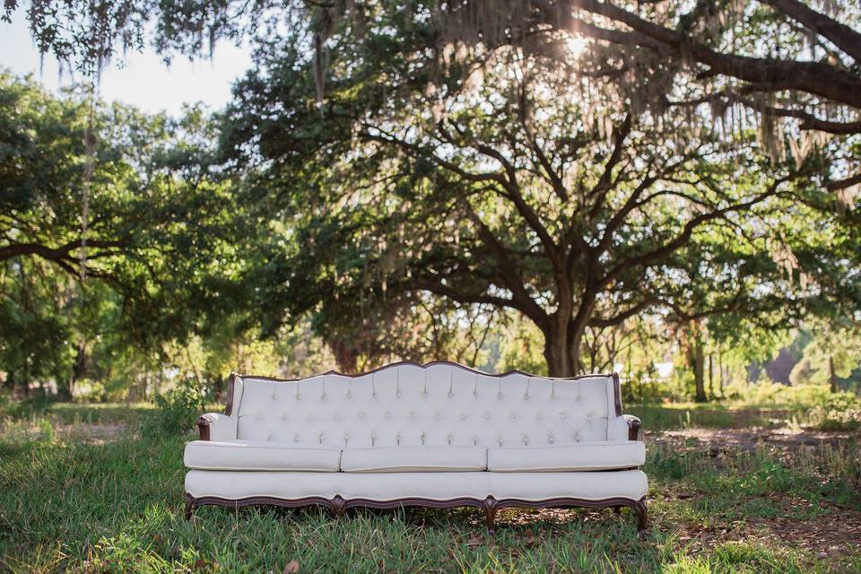 Vintage linen tufted sofa