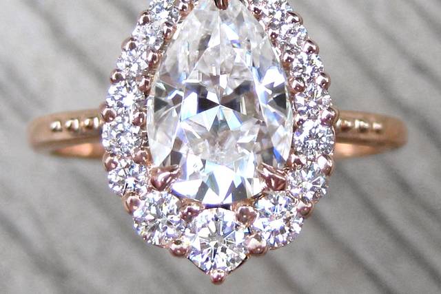 The Celeste, a forever one pear moissanite