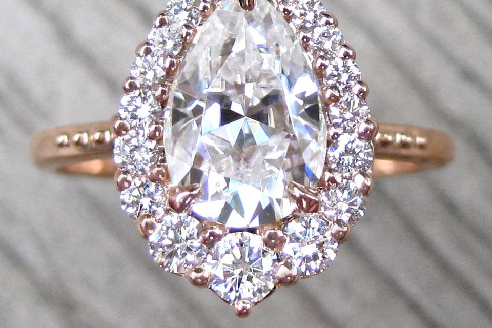 The Celeste, a forever one pear moissanite