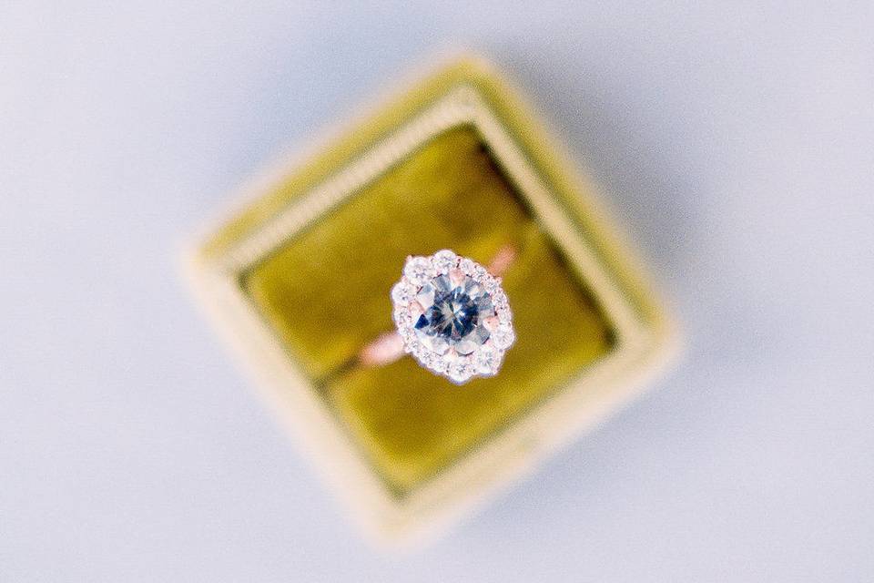 The Emerson, grey moissanite and diamond halo | Dani Cowan Photography