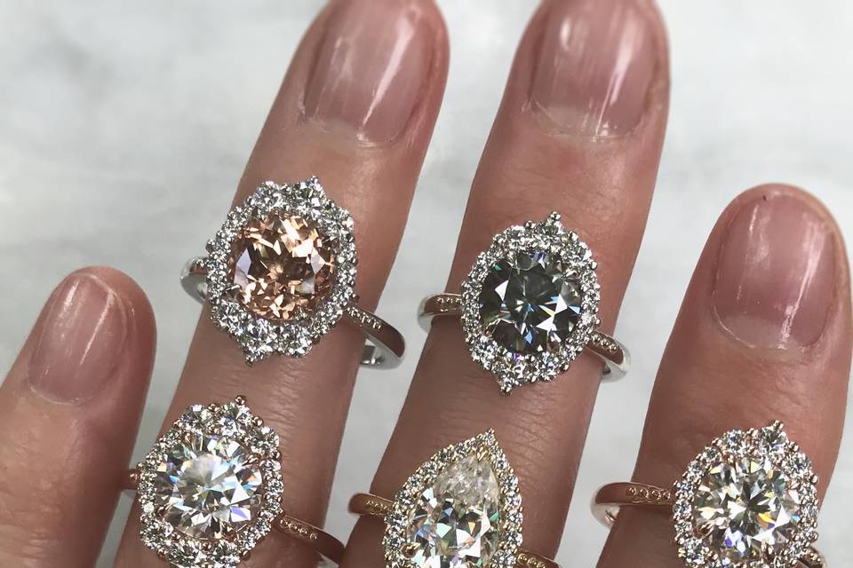 Iconic grey moissanite, peach sapphire, lab-grown diamonds, canadian diamonds, and moissanite