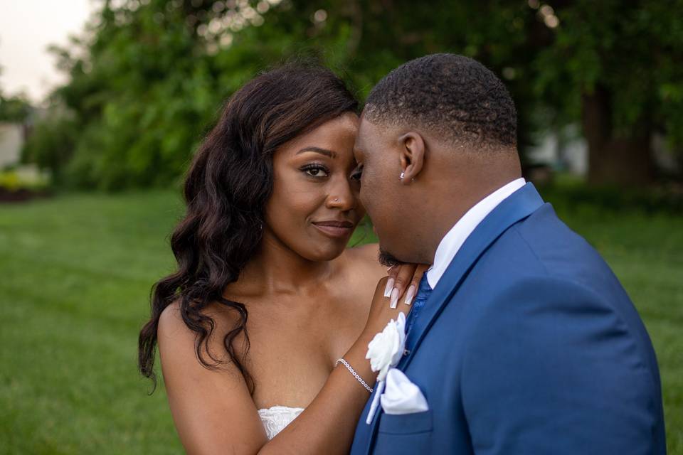 Bride looks at camera