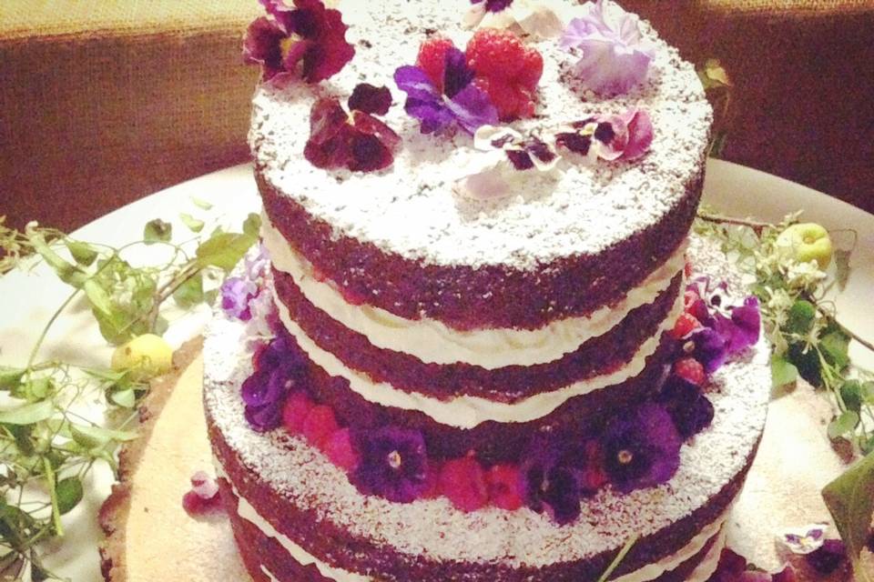 Chocolate Naked Raspberry Cake. Chocolate Sponge Cake layers, Ronnybrook Dairy Whipped Cream, Local fresh Raspberries Purple Pansies