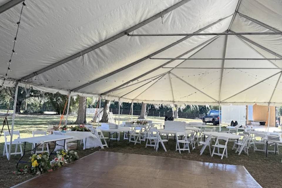 Tent and chandeliers