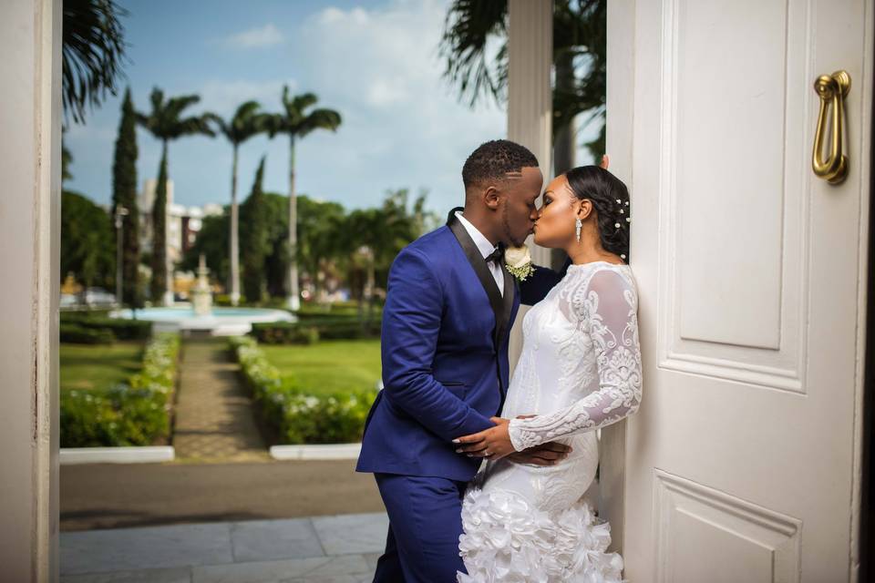 Bride and groom kiss