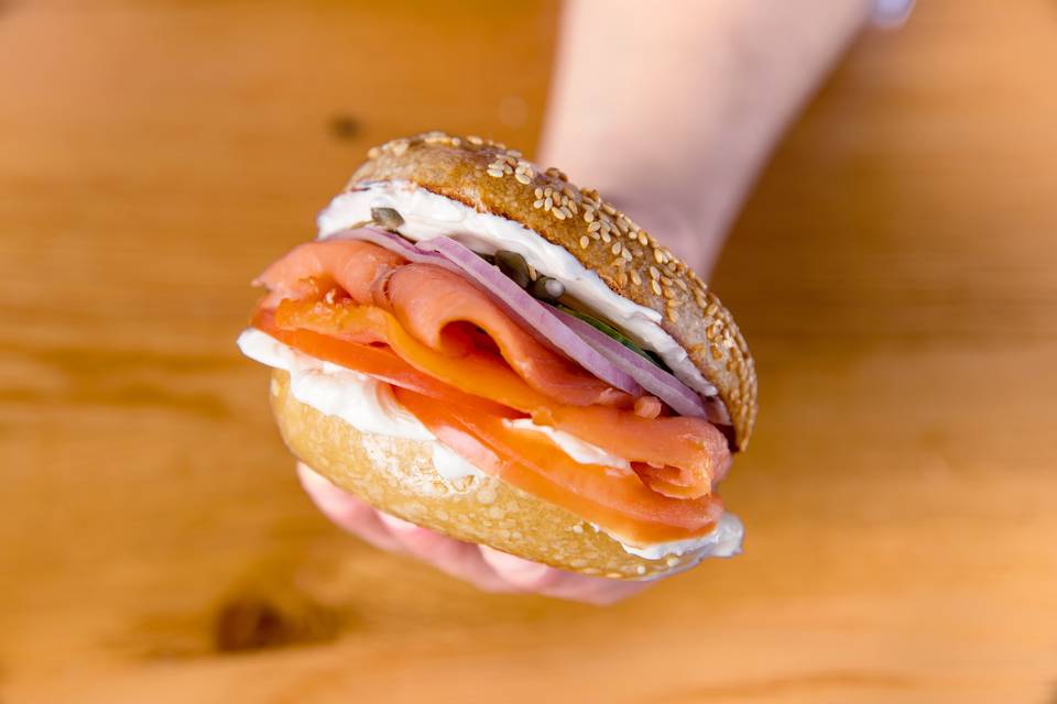 Bagel, schmear, and smoked lox