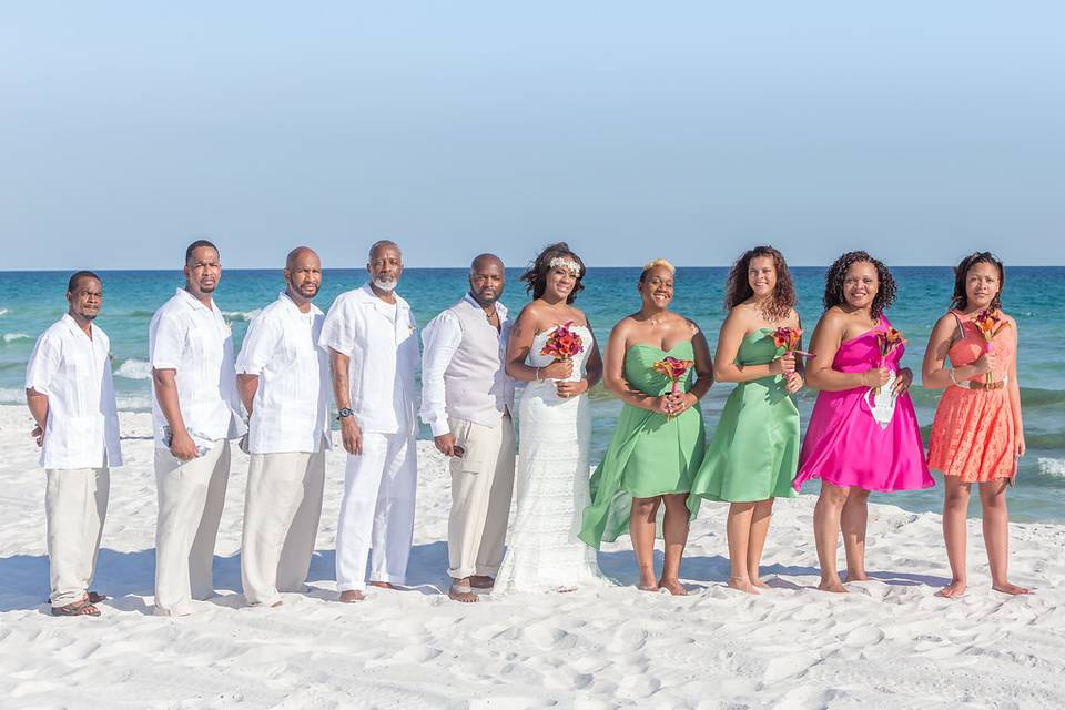 Newlyweds, bridesmaids, and groomsmen