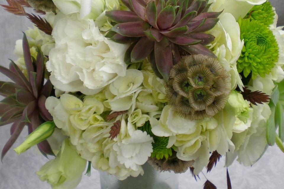 Succulents, hydrangea and green buttons