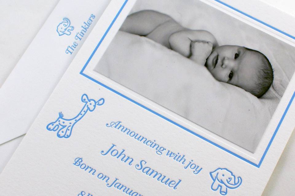Letterpress Baby Announcement with inlaid photo and printed envelopes.