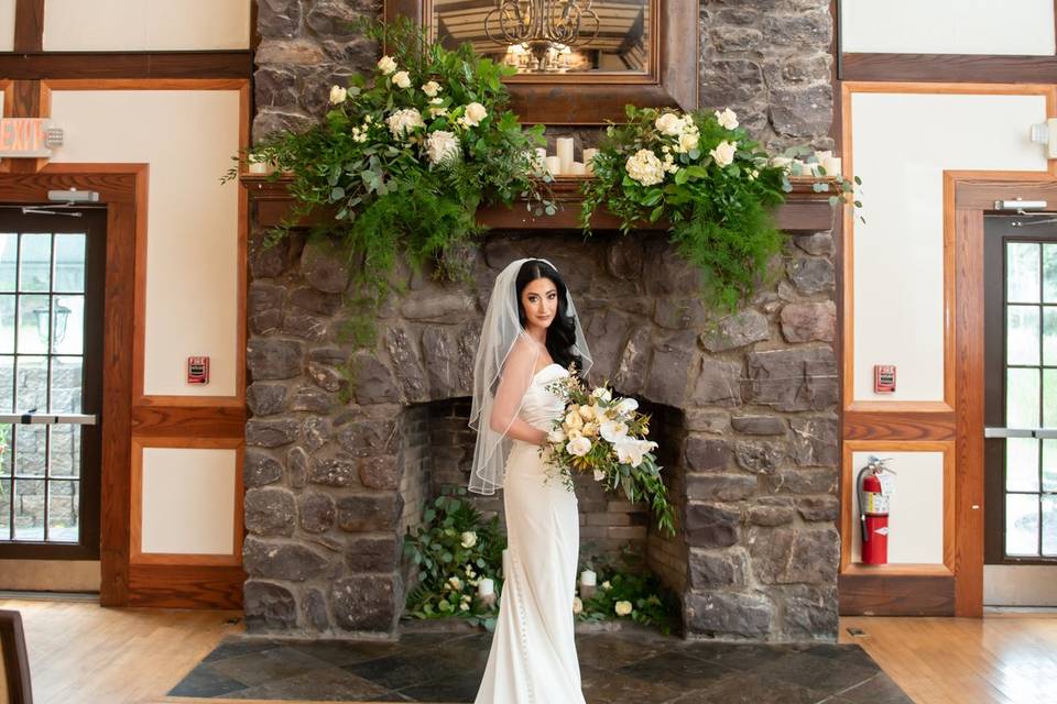 Bride Photos by Fireplace