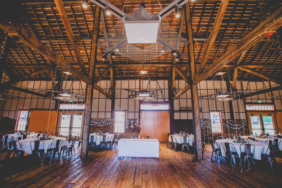 Lofty wooden beams and barn ceiling