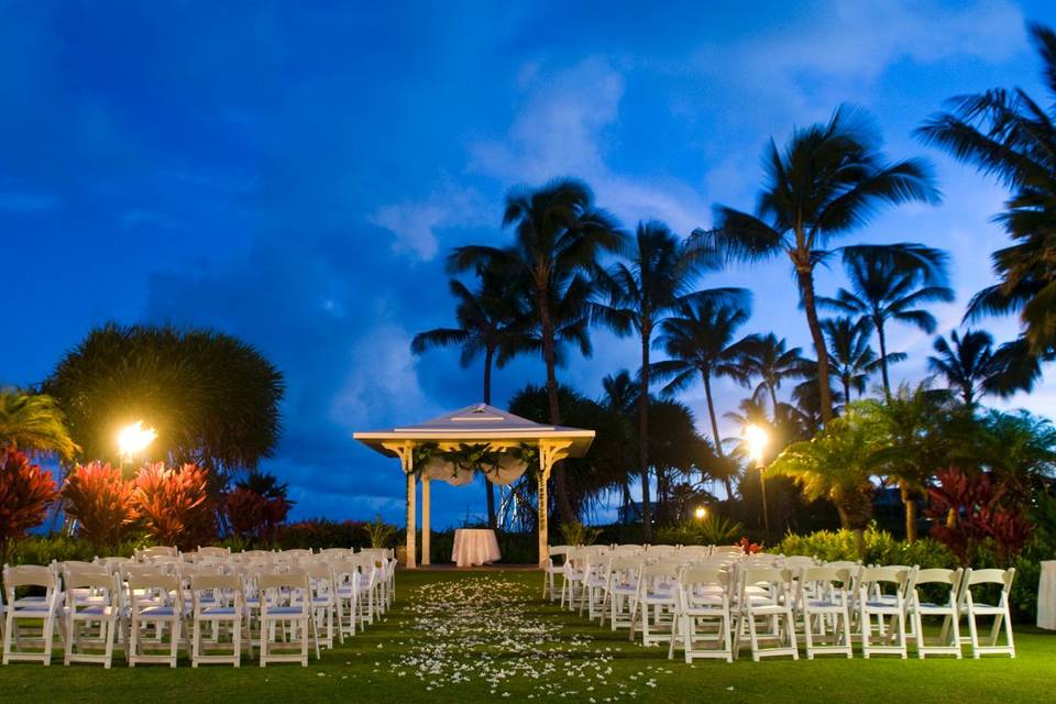 Dusk at ocean view wedding gazebo at Grand Hyatt Kauai Resort & Spa