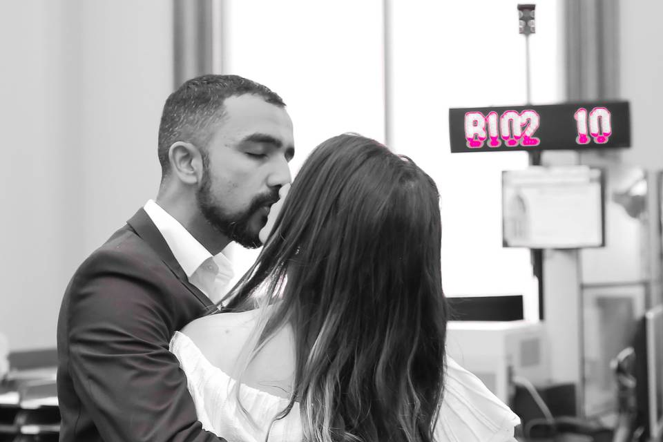Stealing a kiss in line