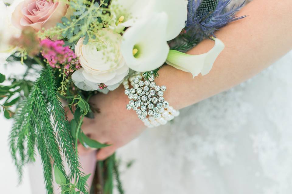 New Hampshire Ice Castles Styled Shoot with Andrea Simmons Photography. Custom vintage rhinestone freshwater pearl brooch bracelet.