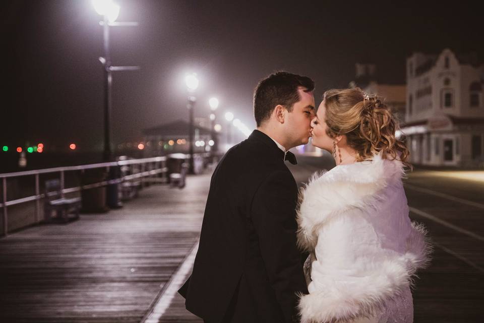 Foggy boardwalk at night