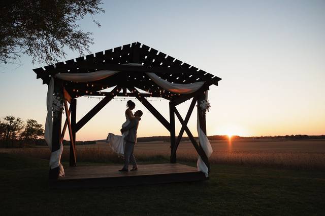Bride and groom at sunset