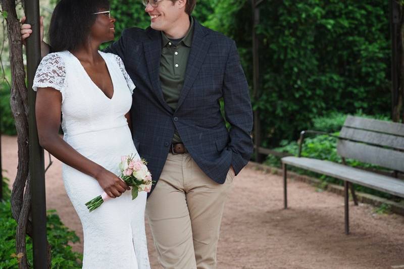 Bride and groom in park