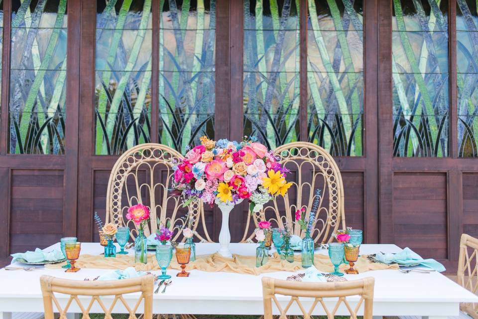 Dining table in front of doors