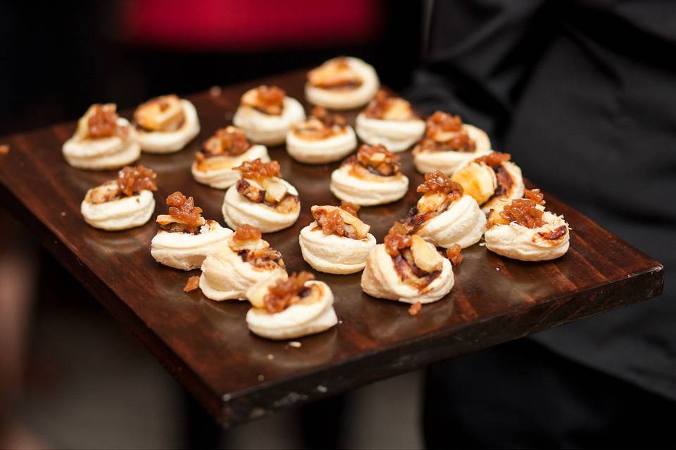 Butler Passed Hors d'oeuvres: Green Tomato Bruschetta on Puff Pastry PillowPhoto Courtesy of Nyk+Cali Photographers