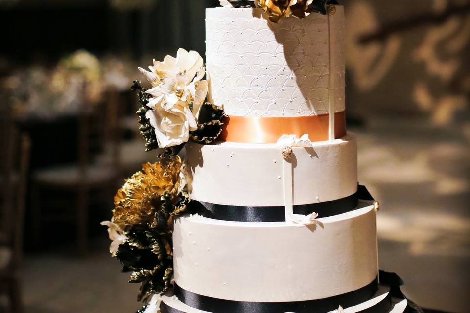 Black, Gold White Wedding Cake