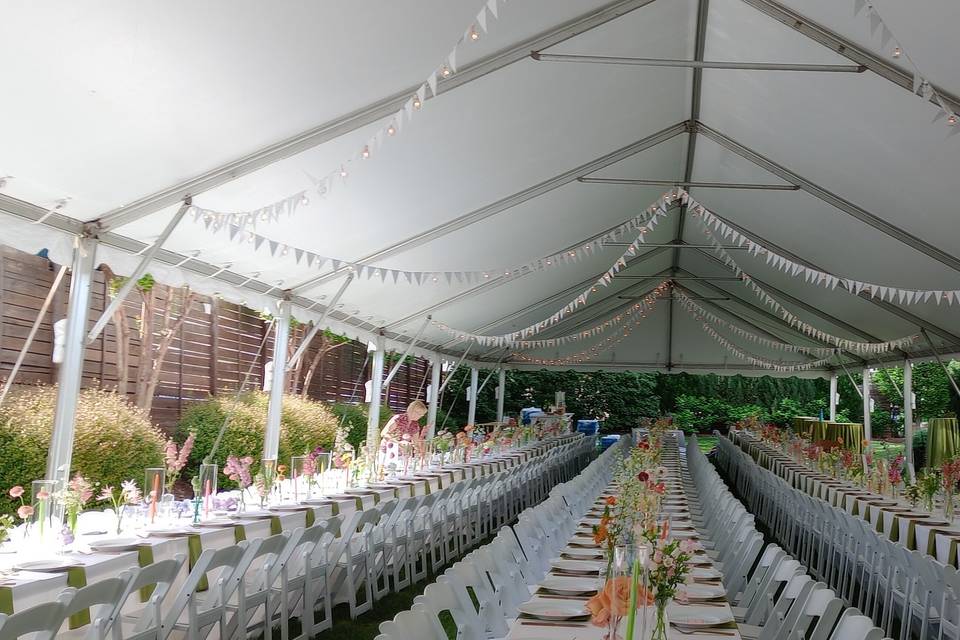 100 ft tent with string lights