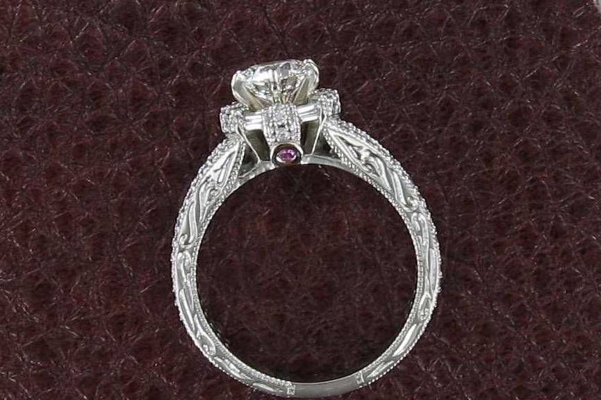 14k white gold with diamonds and ruby