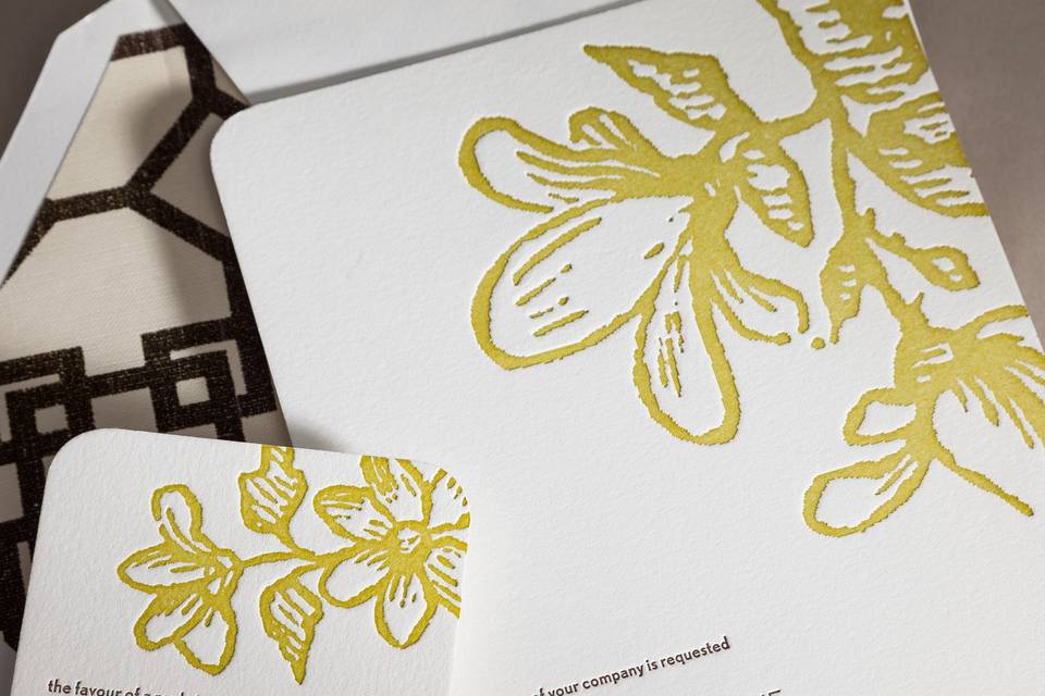 Letterpressed Invitations come from Kathleen Cooper in Santa Barbara for couple residing in Australia, who wed in Maui.  We are global!