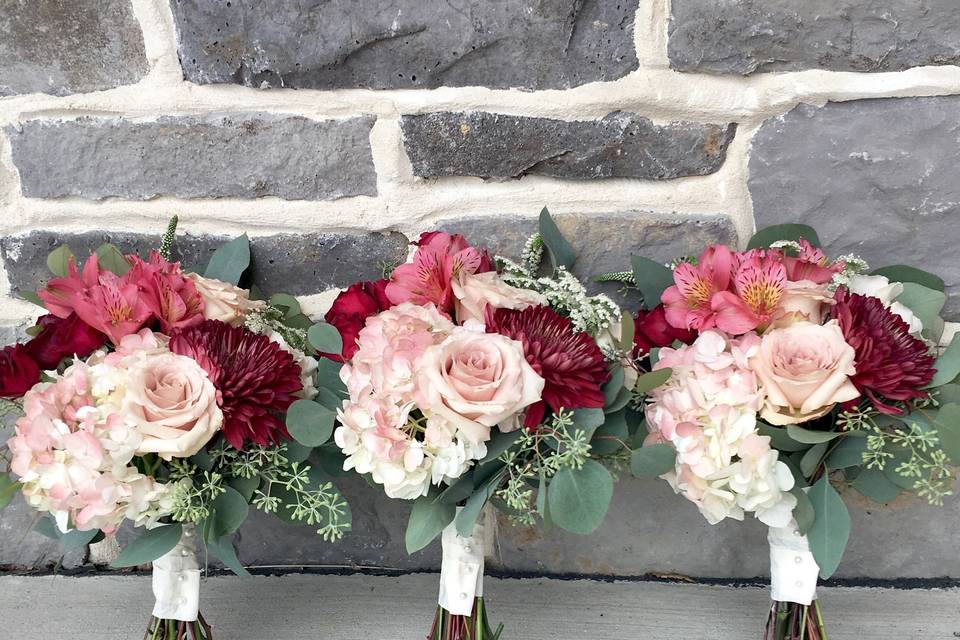 Burgundy and blush bouquets