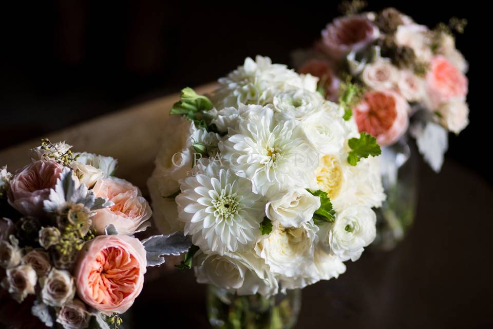 Grace Kim Floral & Event Design- white and pink wedding bouquets: garden roses, spray roses, dahlias, ranunculus, scabiosa pods, seeded eucalyptus, dusty miller