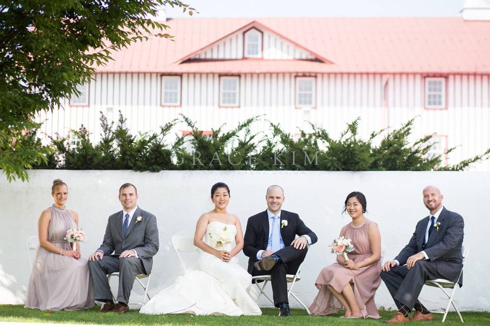 Grace Kim Floral & Event Design- wedding flowers: white bridal bouquet, white groom's boutonniere, pink bridesmaids' bouquets, pink groomsmens' boutonniere