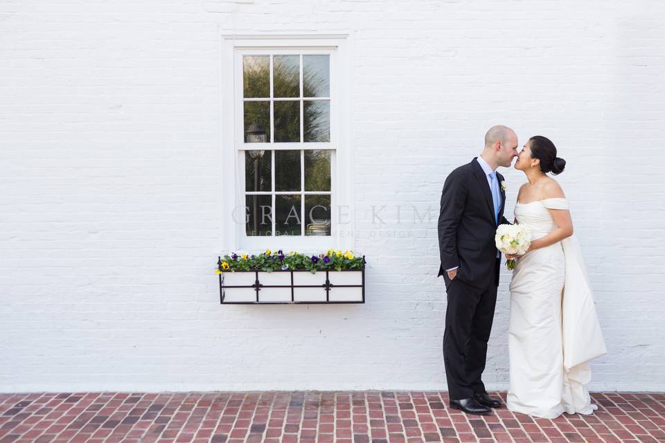 Grace Kim Floral & Event Design- wedding flowers: white bridal bouquet, white groom's boutonniere